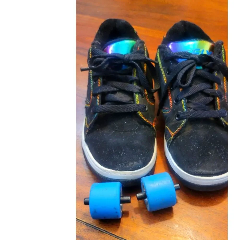 Heelys Propel 2.0 Black Skate Shoes with Iridescent Rainbow Tongue & Blue Wheels